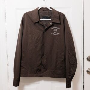 ASOS DESIGN harrington jacket with collegiate print in brown